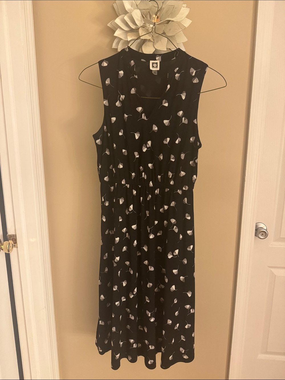 Anne Klein Black Sleeveless Midi Dress with White Petal Print